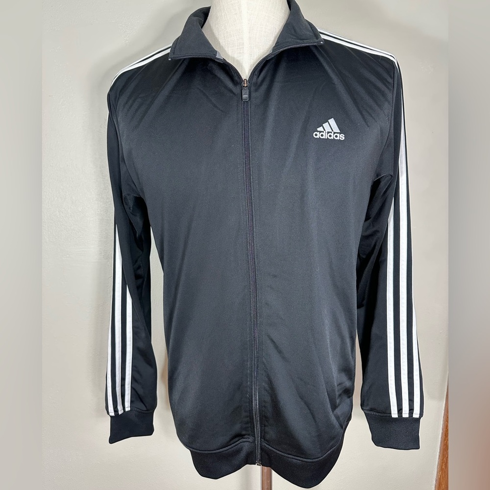 Adidas Mens Large Black White Full Zip Track Jacket Stripe Zipper Pockets Silver